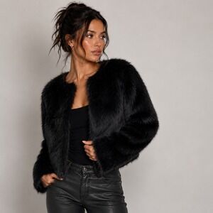 Mob Wife Faux Fur Cropped Shaggy Jacket Open Front Bolero Coat M Black Glam Y2K